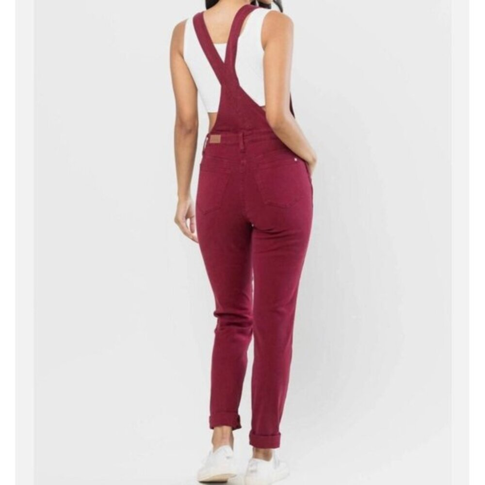 Judy Blue Garment Dyed Boyfriend Double Cuff Overalls M Maroon Streetwear NWT - Picture 2 of 15